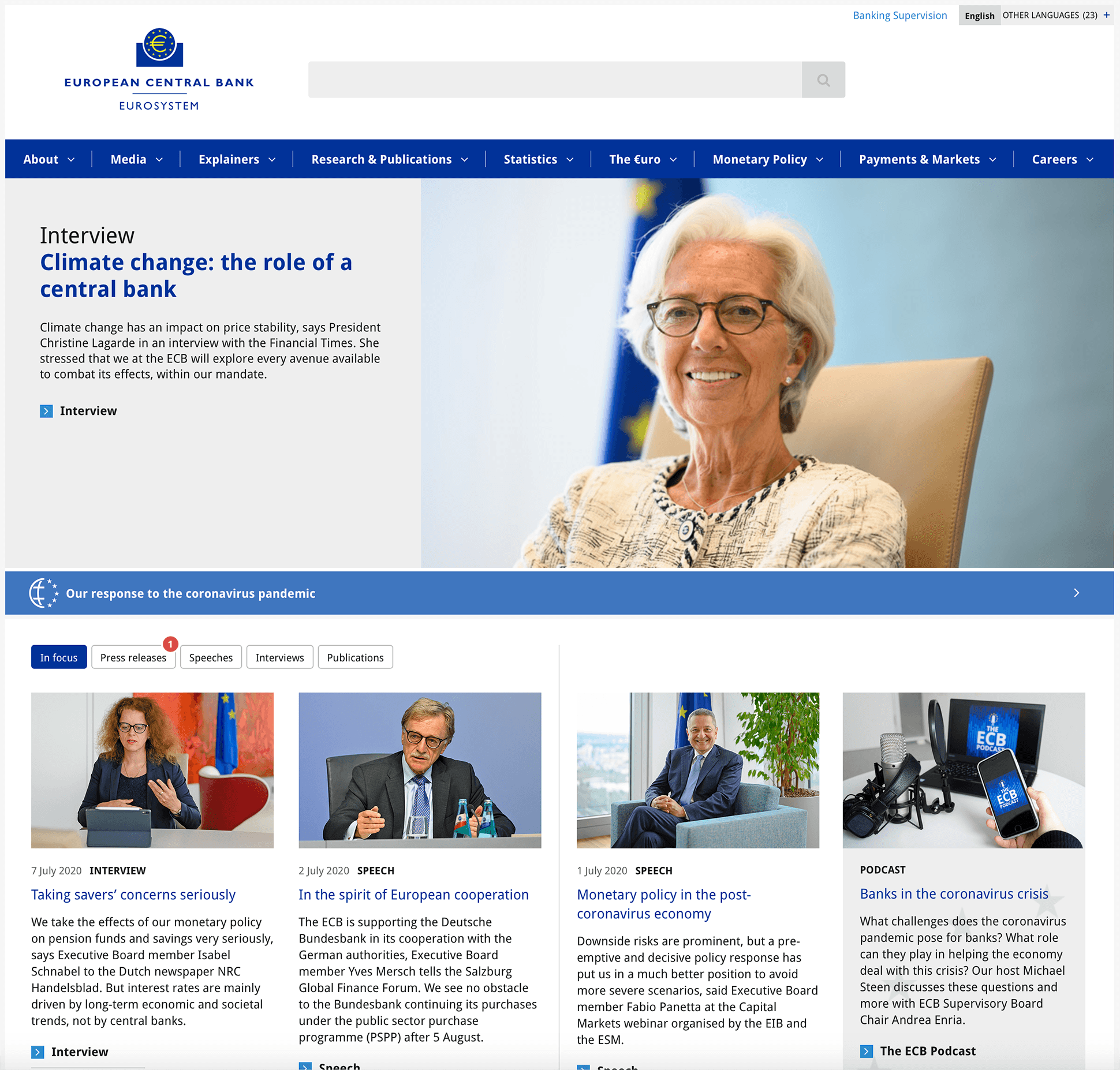Screenshot der Website der Europäischen Zentralbank