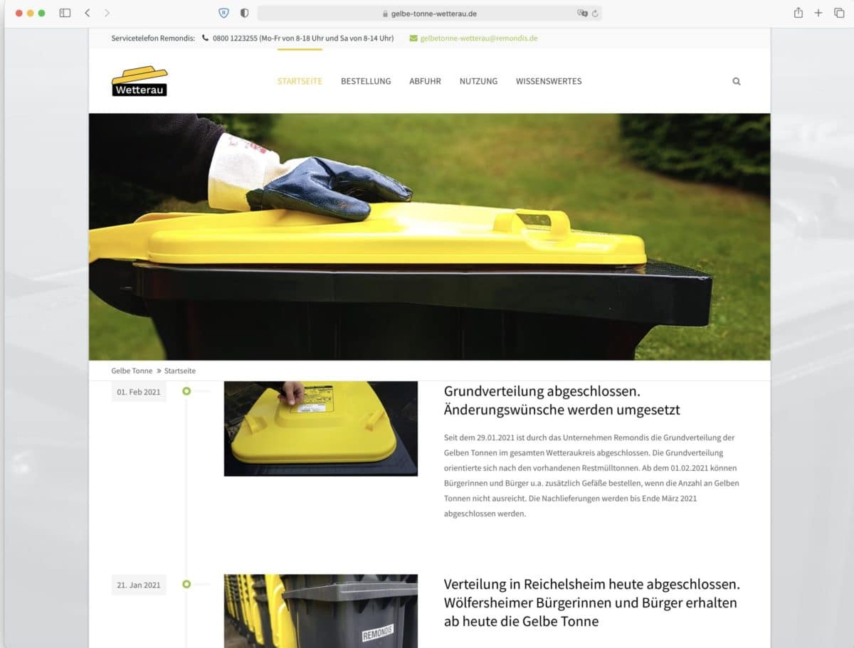 Screenshot der Landing Page Gelbe Tonne Wetterau