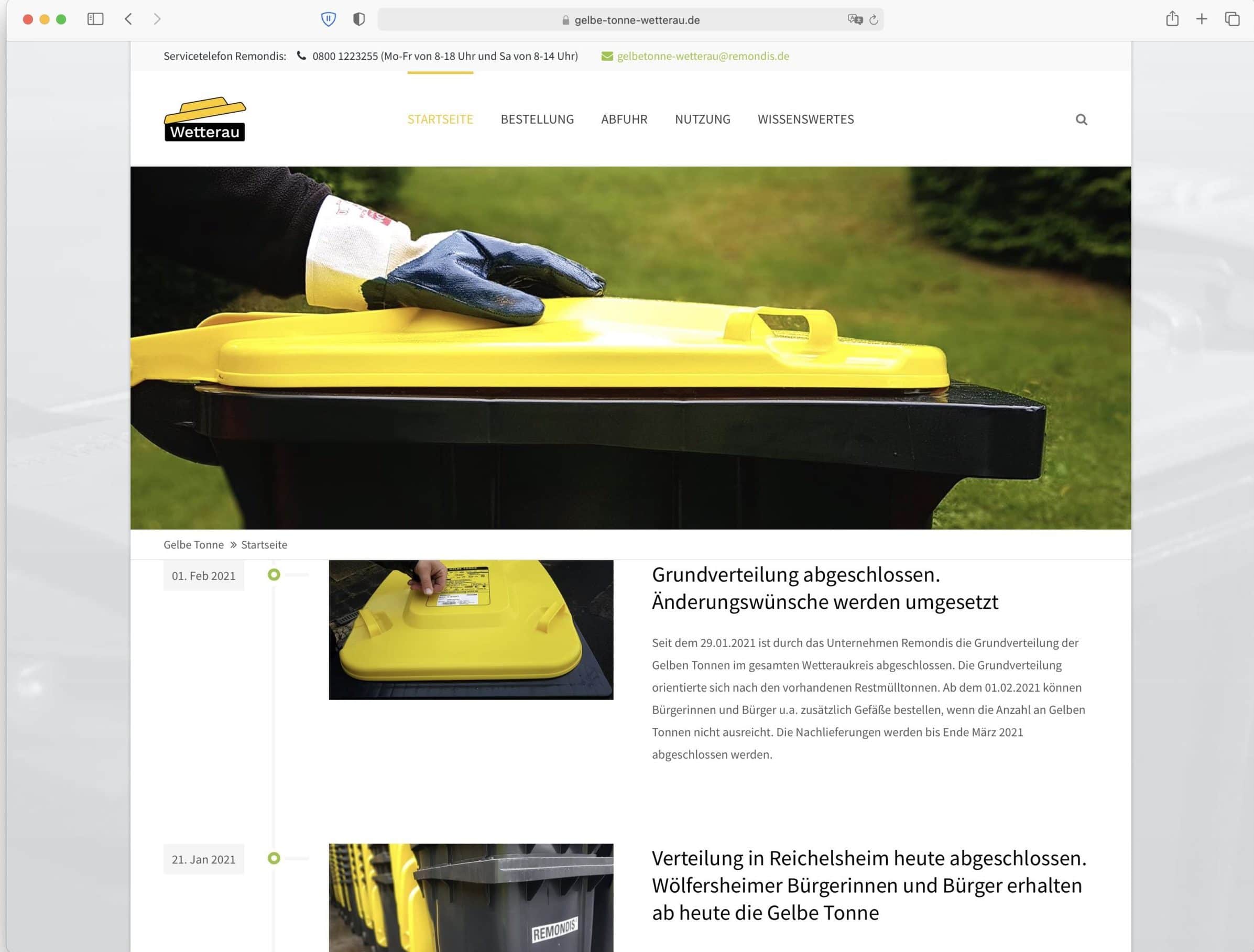 Screenshot der Landing Page Gelbe Tonne Wetterau