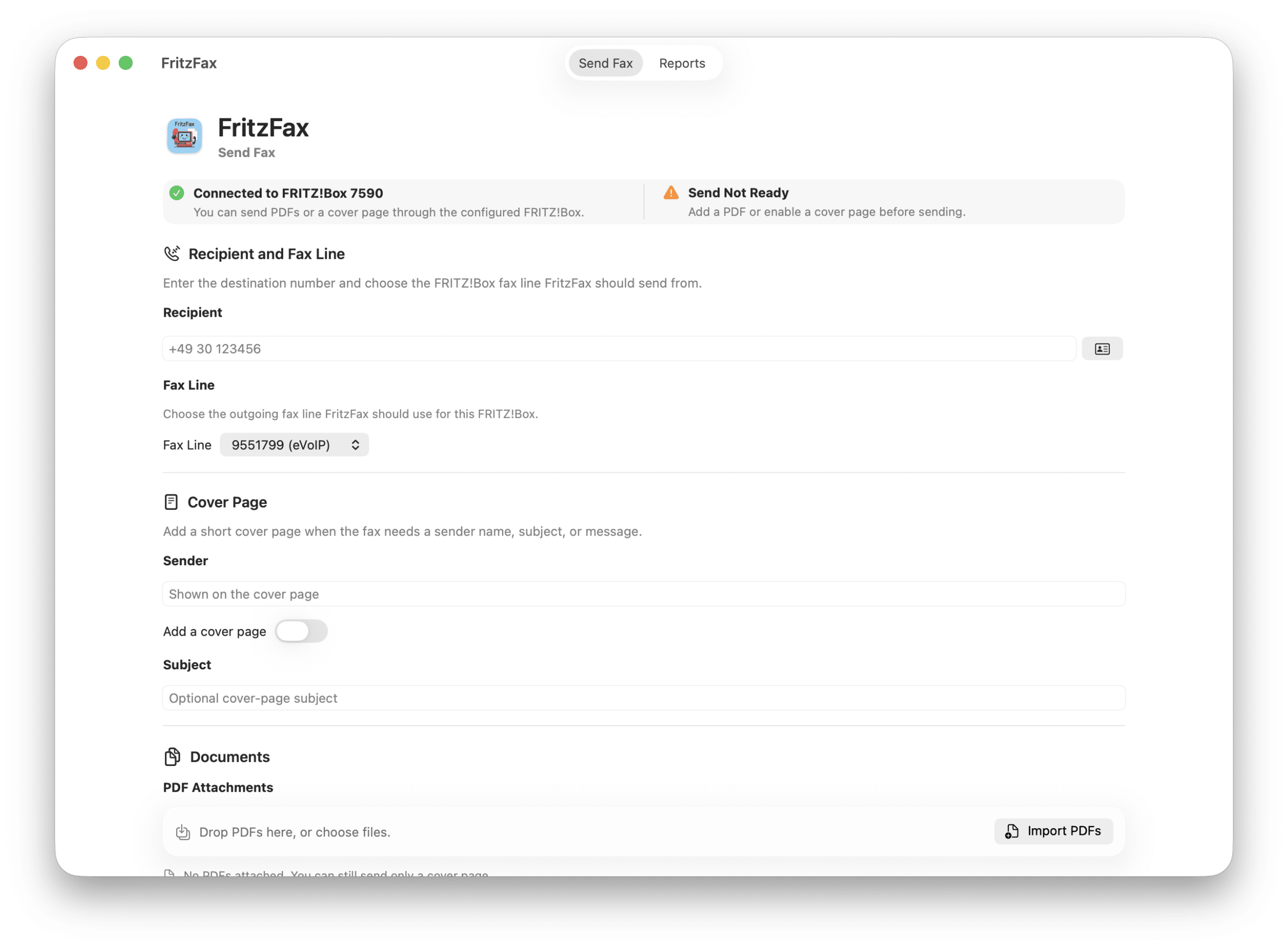 FritzFax App Screenshot auf macOS