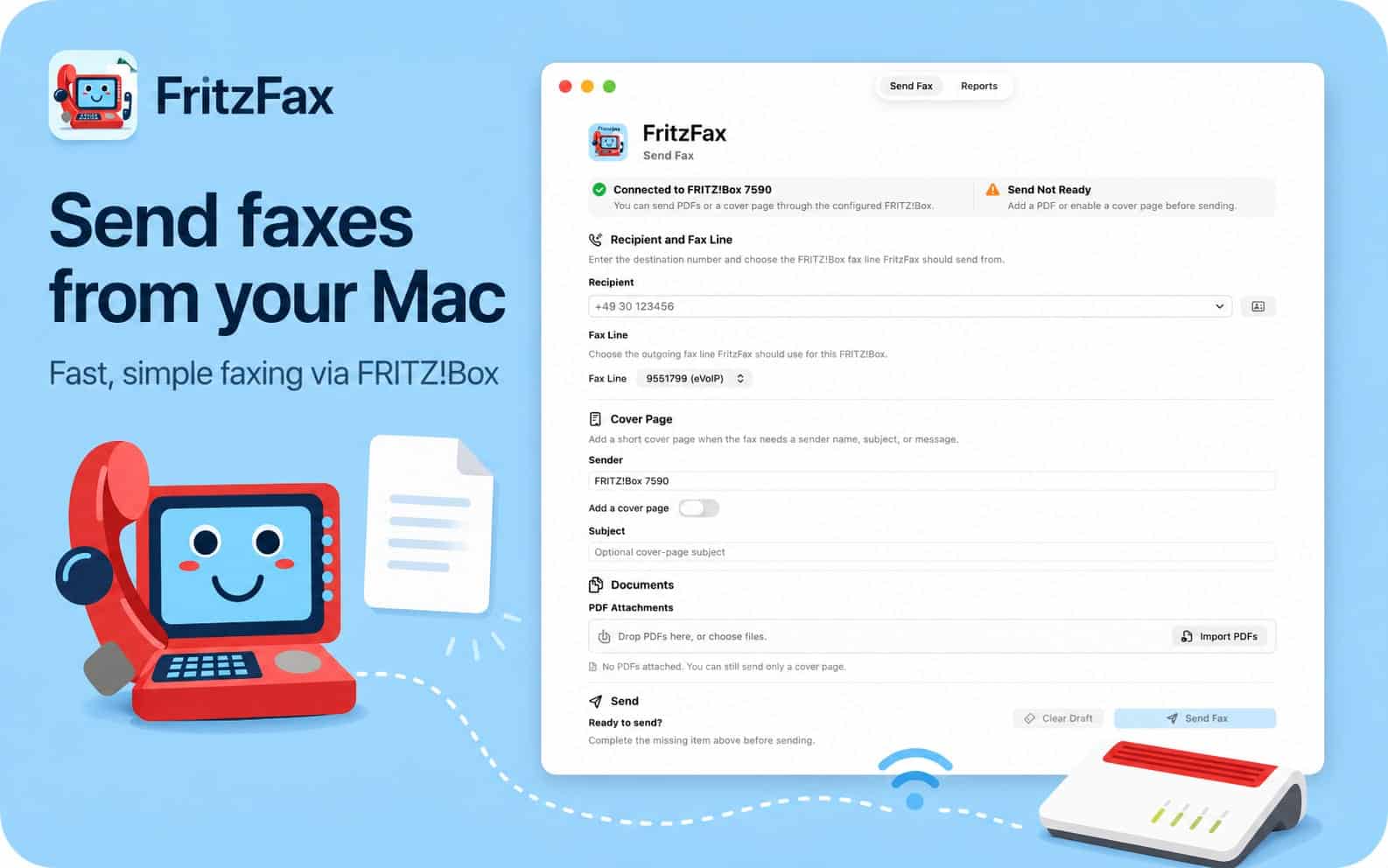 FritzFax Promo-Grafik mit Mac App Screenshot